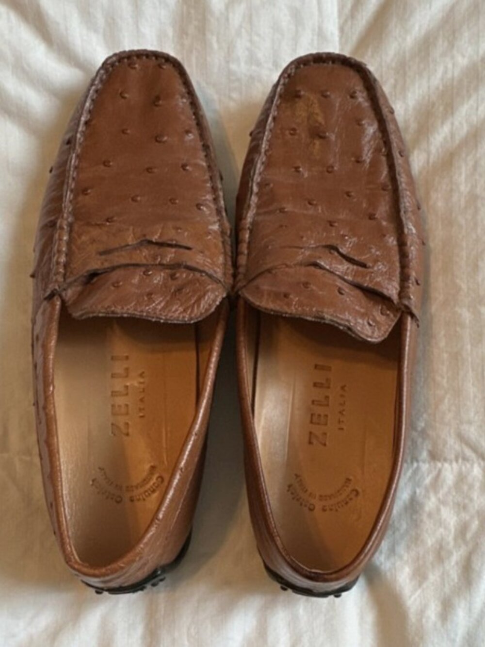 Zelli Brown Ostrich Leather Men's Driving Shoes Slip On Square Toe Size 9